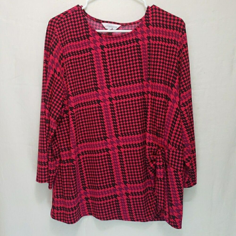Liz Claiborne Houndstooth Plaid Blouse XXL Pink Magenta Black Side Tie Stretch